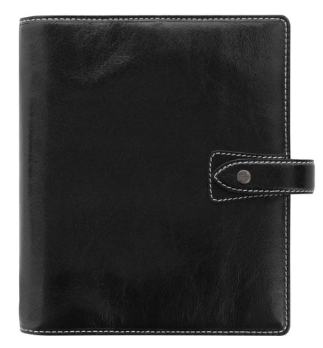 Filofax Malden A5 Leather Black organiser in premium buffalo leather with stylish features for elegant planning and storage.