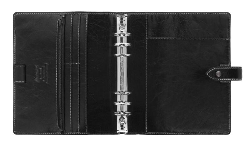 Elegant A5 black leather Filofax organiser with rustic stitching, ring mechanism, and ample planning essentials for on-the-go style.