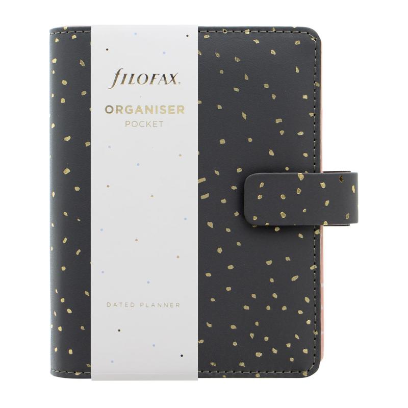 Filofax Charcoal planner with gold accents, featuring a patterned Rose Quartz interior and multiple organizational pockets.