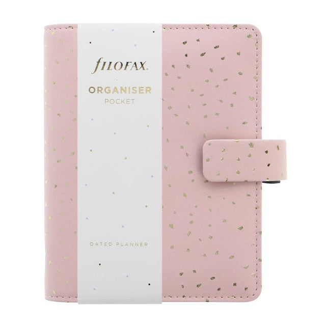 Rose Quartz Filofax organiser with faux-leather cover, gold accents, and interior pockets for stylish and efficient planning.