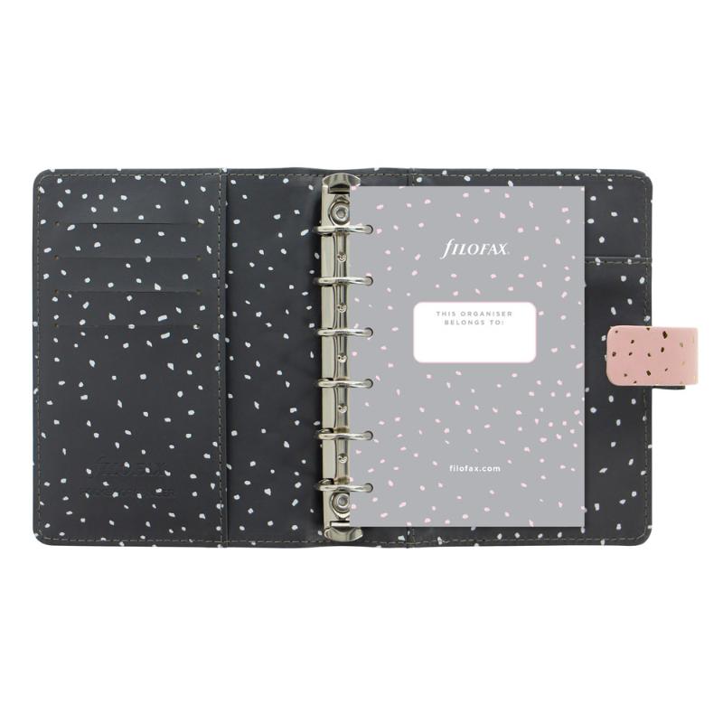 Filofax Organiser in Rose Quartz, featuring faux-leather exterior, gold accents, 23mm rings, and multiple organizational pockets.