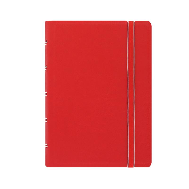 Stylish red Filofax Pocket Notebook with elastic closure, twin wire spine, and movable pages for flexible organization.