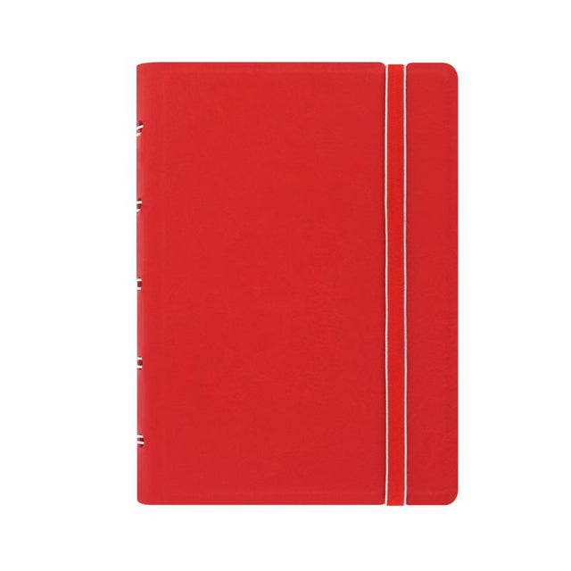 Stylish red Filofax Pocket Notebook with elastic closure, twin wire spine, and movable pages for flexible organization.