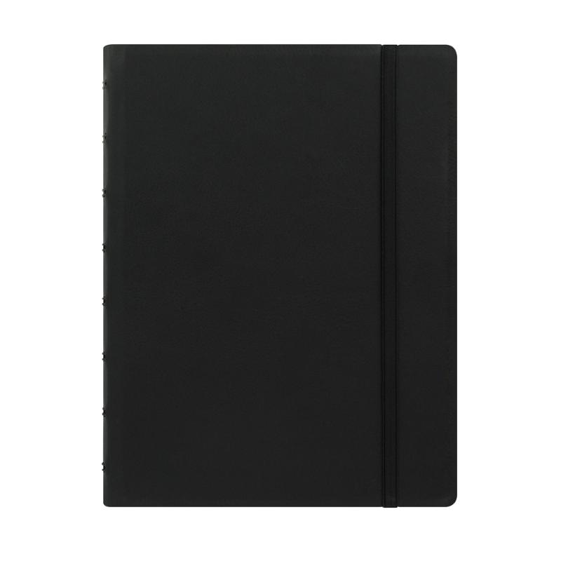 Elegant A5 black lined notebook with elastic closure, flexible pages, twin wire spine, and moveable index for easy organization.