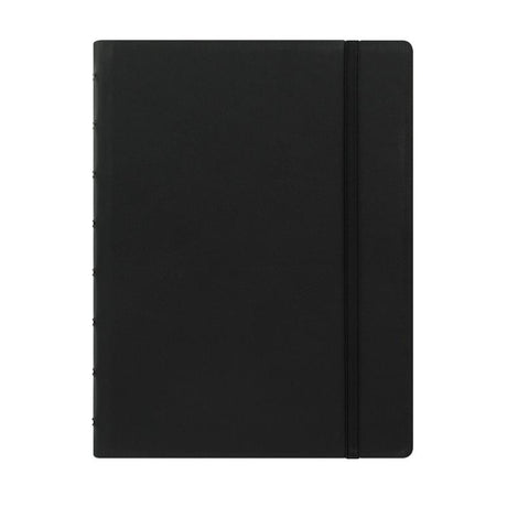 Elegant A5 black lined notebook with elastic closure, flexible pages, twin wire spine, and moveable index for easy organization.