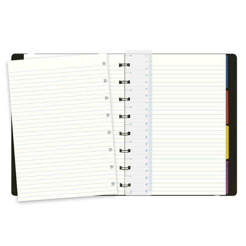 Black A5 Filofax Notebook with lined pages, elastic closure, wire spine, and customizable layout for notes and ideas.