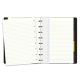 Black A5 Filofax Notebook with lined pages, elastic closure, wire spine, and customizable layout for notes and ideas.