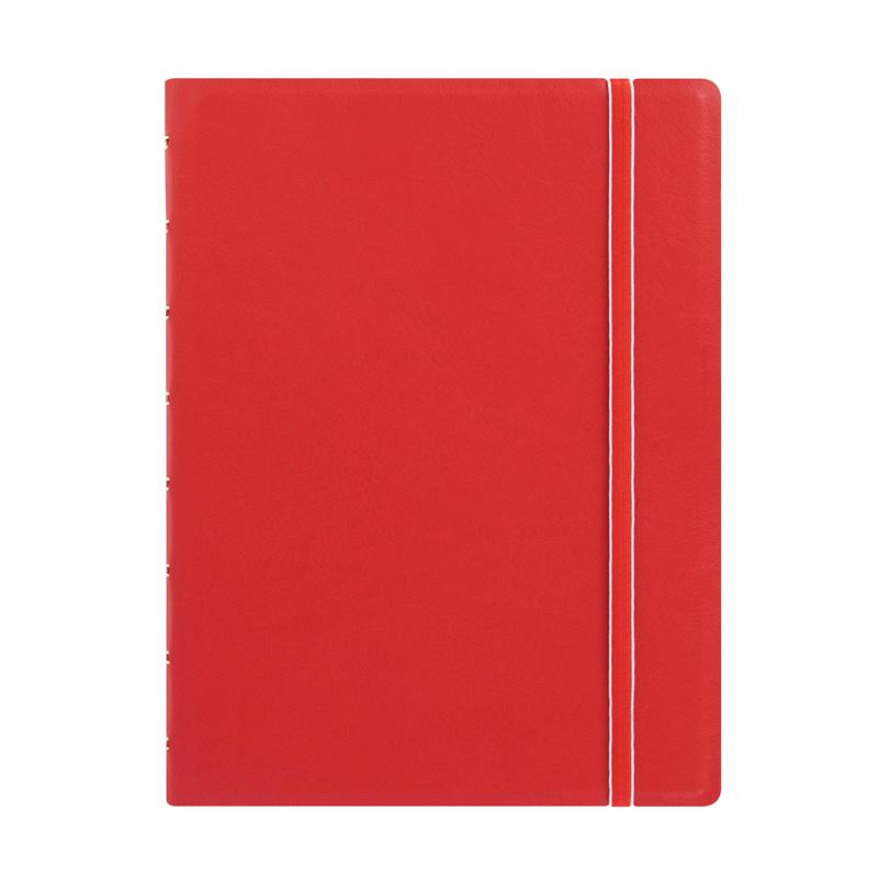 Red leather-look A5 Filofax Notebook with elastic closure, twin wire spine, and customizable, repositionable lined pages.