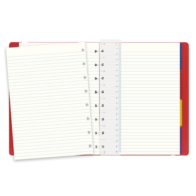 A red A5 Filofax notebook with a leather-like finish, featuring an elastic closure and customizable, repositionable pages.