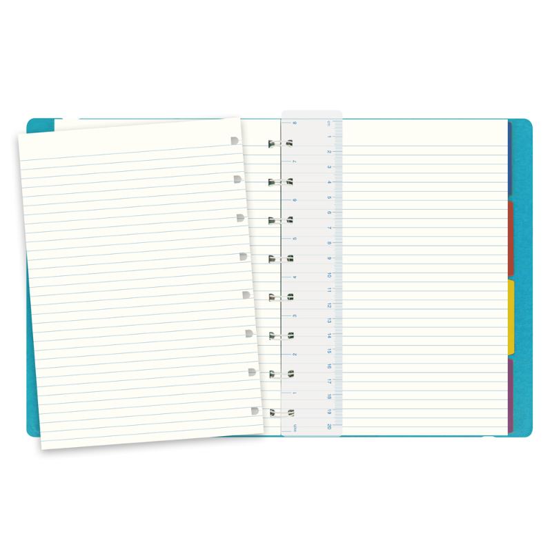 Aqua A5 Filofax Notebook with leather-look finish, elastic closure, movable pages, and twin wire spine for flexible organization.