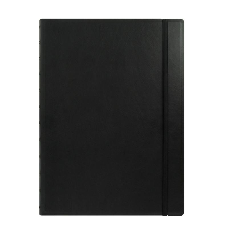 Filofax A4 black lined notebook with leather-look cover, elastic closure, and customizable page layout for flexible note-taking.