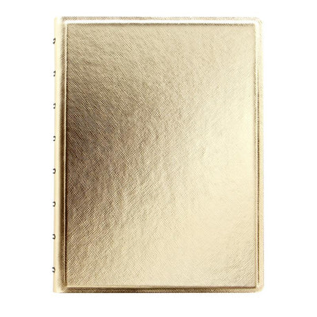 Elegant A5 Saffiano gold notebook with lined pages, elastic closure, and customizable features for journaling or planning.