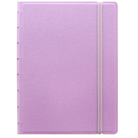 Pastel Orchid Filofax A5 Notebook with elastic closure, 56 ruled sheets, twin wire spine, and moveable index for versatile organization.