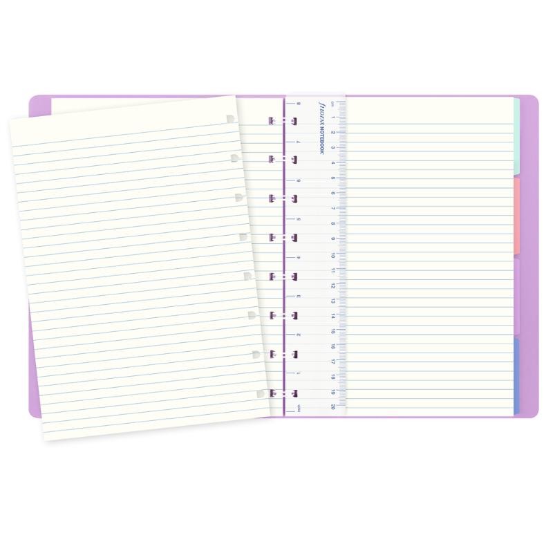 Pastel orchid leather-look A5 notebook with elastic closure, 56 sheets of ruled paper, and flexible page options for personalization.