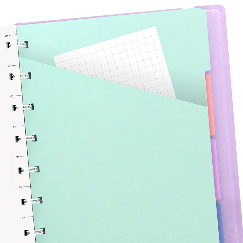 Pastel orchid Filofax A5 Notebook with elastic closure, 56 sheets of ruled paper, and flexible, moveable index for convenience.