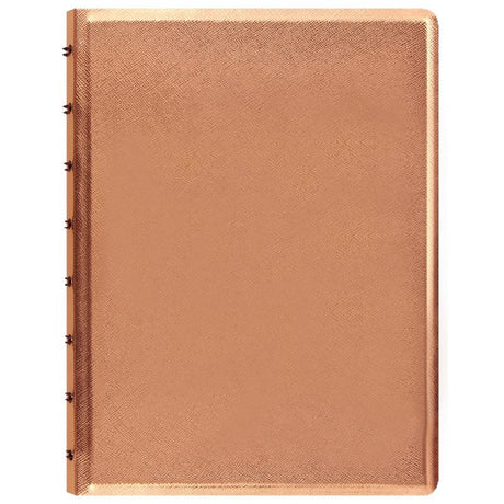 Elegant rose gold A5 notebook with lined pages, flexible design, and secure closure, perfect for stylish note-taking.