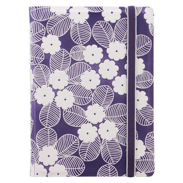 Textured purple and white Filofax notebook with 56 sheets, elastic closure, and twin wire spine for stylish note-taking.