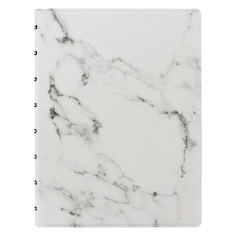 Elegant A5 marble-lined notebook with customizable pages, durable twin wire spine, and secure elastic closure for on-the-go use.