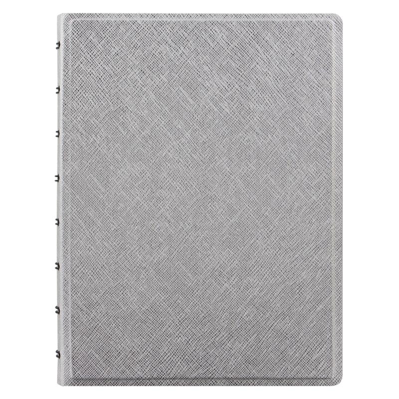 Filofax A5 Saffiano Notebook in silver, featuring a metallic finish, customizable pages, and 56 high-quality ruled sheets.