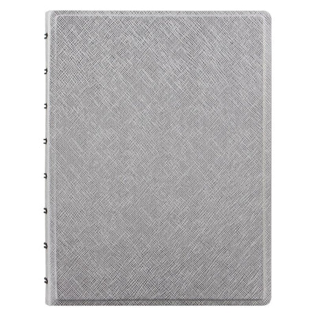 Filofax A5 Saffiano Notebook in silver, featuring a metallic finish, customizable pages, and 56 high-quality ruled sheets.