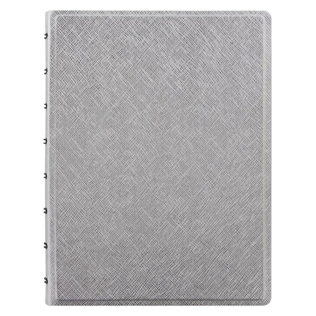 Filofax A5 Saffiano Notebook in silver, featuring a metallic finish, customizable pages, and 56 high-quality ruled sheets.