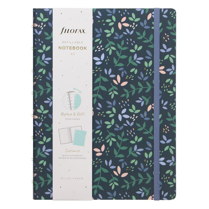 A5 refillable notebook with vibrant garden design, gold foil accents, and fountain pen-friendly lined paper for elegant note-taking.