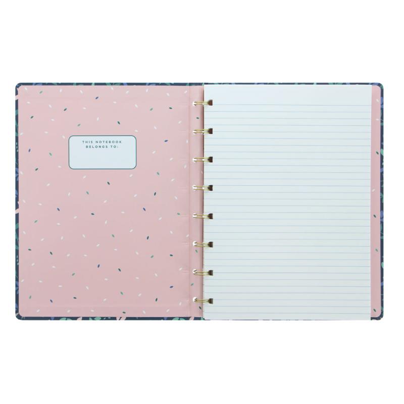 A5 refillable notebook with floral design, gold foil accents, 56 sheets of fountain pen-friendly lined paper, and elastic closure.