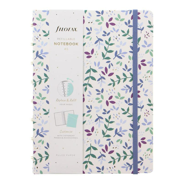 Filofax A5 Garden Sunrise notebook with floral design, gold accents, and 56 sheets of fountain pen-friendly paper.