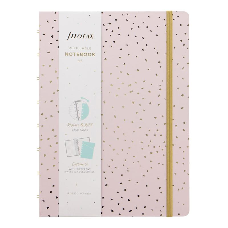 Filofax Confetti A5 Notebook in Rose Quartz with gold accents, features 56 refillable lined pages and a durable twin-wire binding.