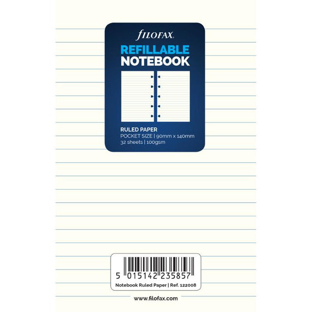 Ruled paper refill for Filofax notebooks, featuring 32 high-quality 100gsm sheets for organized note-taking on the go.