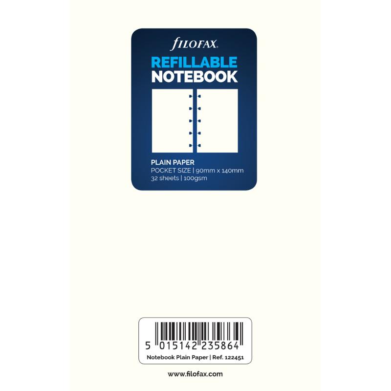 Filofax Pocket Notes Plain Refill with 32 sheets of 100gsm high-quality plain paper for creative note-taking.