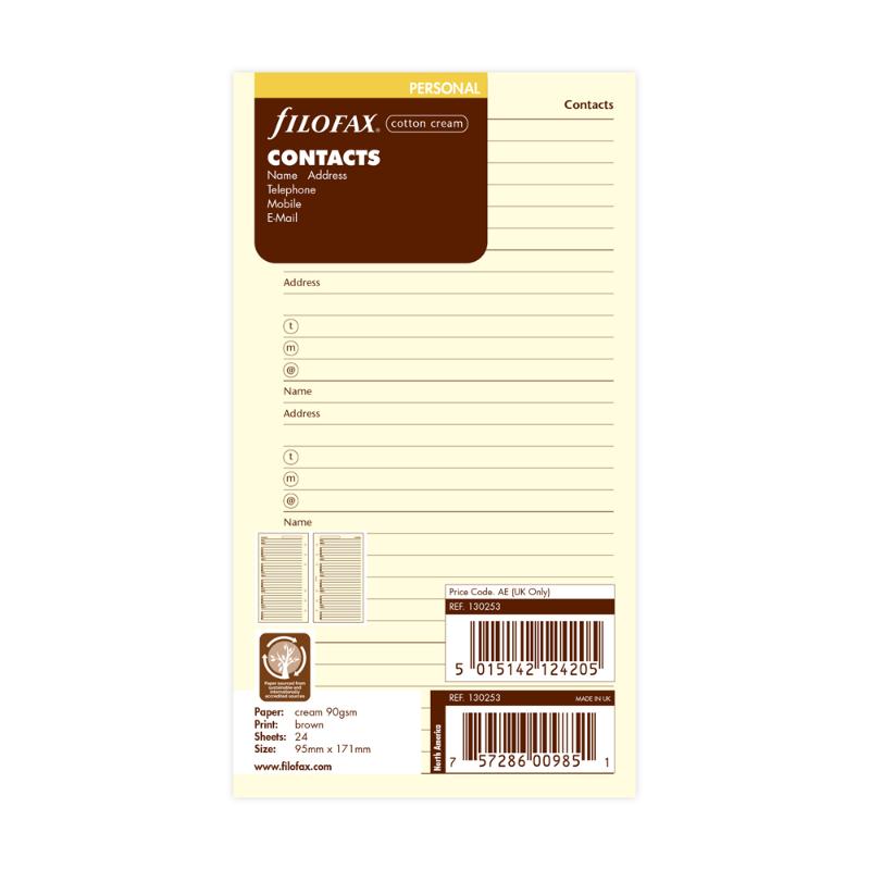 Filofax Personal refill with cotton cream paper, 24 sheets for names, addresses, and phone contacts, perfect for organizing.