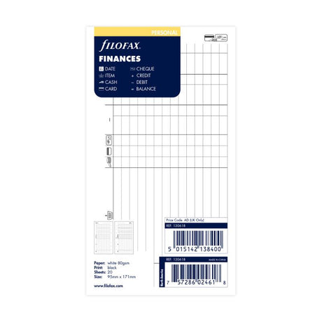 Filofax Personal Finances Refill with 20 sheets for effective budgeting and financial tracking in personal organizers.