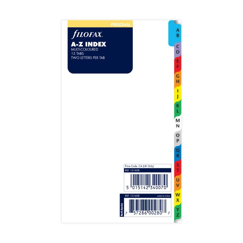 Multi-coloured A-Z index refill for Filofax, featuring 24 sheets for organized contact management in a stylish cream finish.