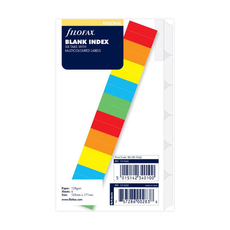 Filofax Personal Blank Index refill with vibrant multi-coloured labels for customizable planner organization.