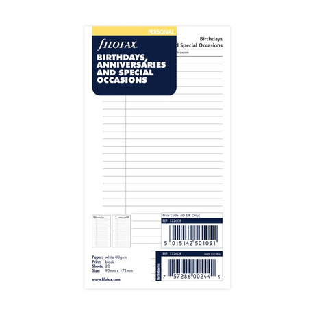 Filofax Personal Special Occasions Refill featuring 20 cotton cream sheets to help organize important dates and celebrations.