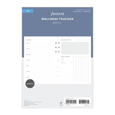 Filofax A5 Wellness Tracker Refill Pack for personal well-being, featuring 56 sheets to track workouts and set wellness goals.