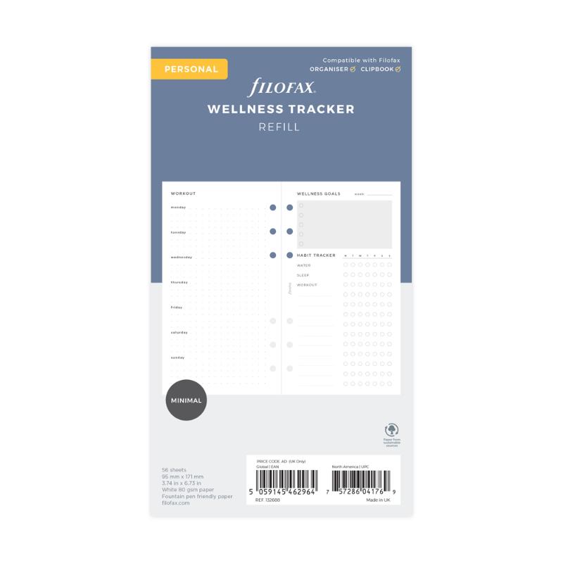 Filofax Personal Wellness Tracker Refill Pack with 56 sheets for tracking workouts, meal planning, and wellness goals.