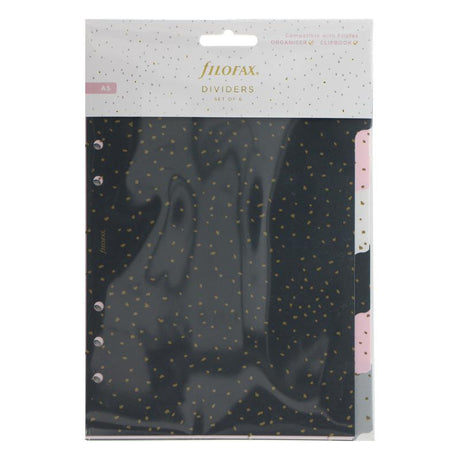 Colorful Filofax Confetti A5 Dividers Set featuring six durable dividers in Black, Pink, White, and Grey for stylish organization.