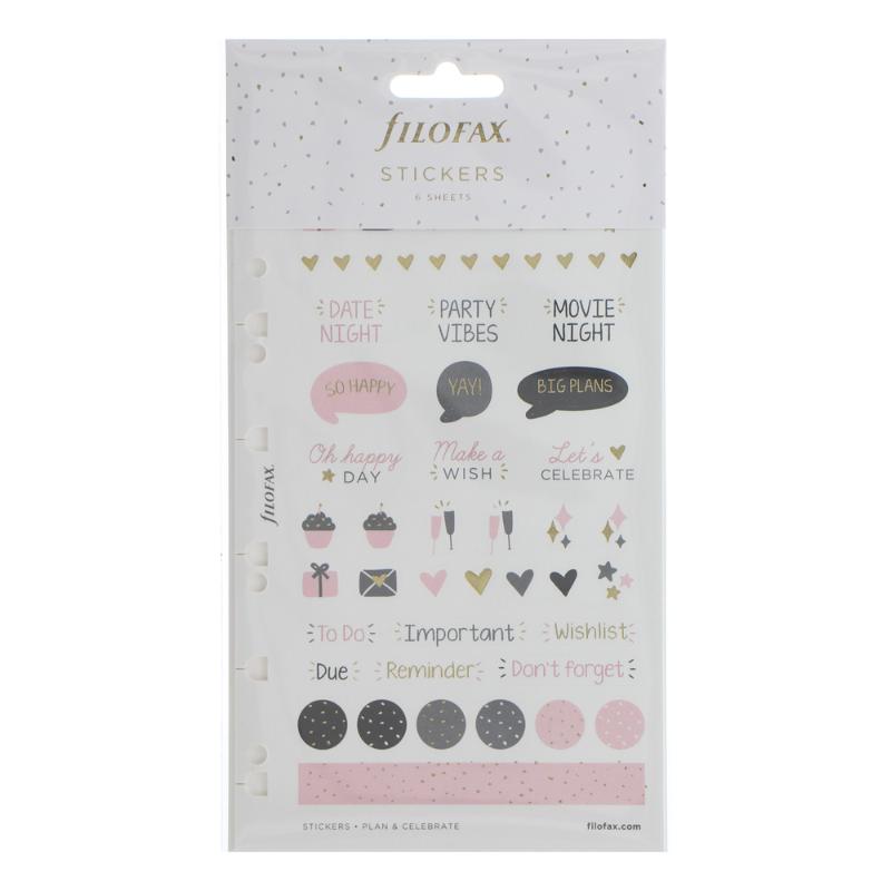 Filofax Confetti Stickers Pack featuring 284 repositionable stickers in chic colors and gold foil accents for personalized planning.