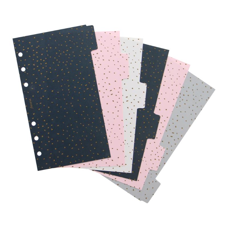 Colorful set of six durable plastic dividers in Black, Pink, White, and Grey for Pocket Filofax Organiser and Clipbook.