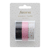 Vibrant Filofax Confetti Washi Tape Set in Charcoal, Pink, and White, perfect for decorating planners, journals, and crafts.