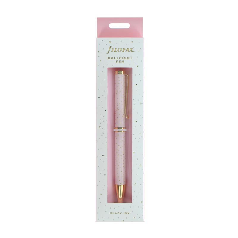 Pink and gold Filofax Confetti Ballpoint Pen with a printed metal barrel, twist mechanism, and 1 mm black ink tip.