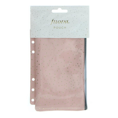 Stylish pink and gold Filofax Confetti Zipper Pouch designed for organizing pens and accessories, compatible with A5 Organisers.