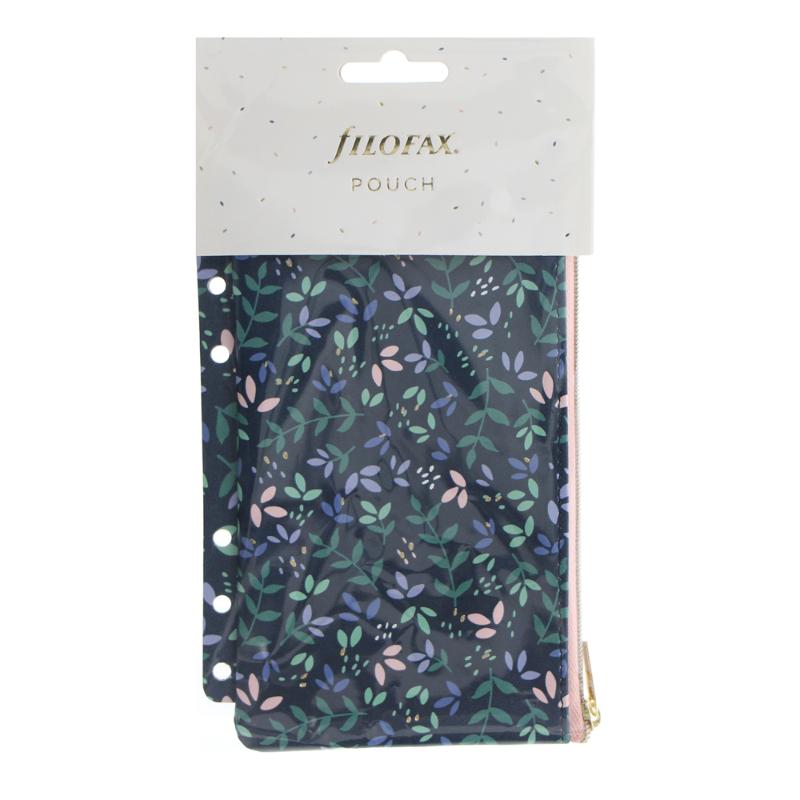 Filofax Garden Zipper Pouch featuring vibrant purple, green, and blue hues, perfect for organizing stationery essentials stylishly.