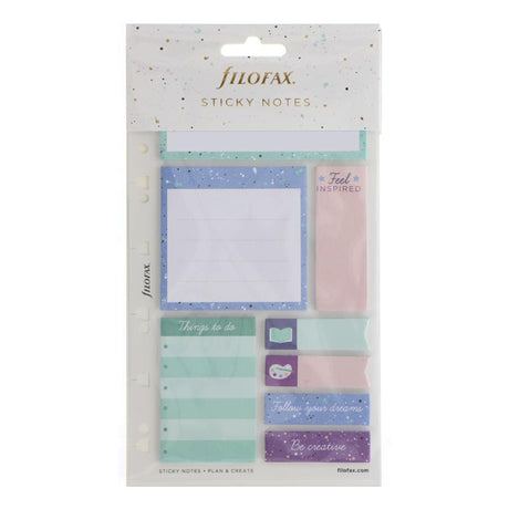 Vibrant Filofax Expressions Sticky Notes Pack with lined, blank, vertical pads, and colorful tabs for organizing thoughts.