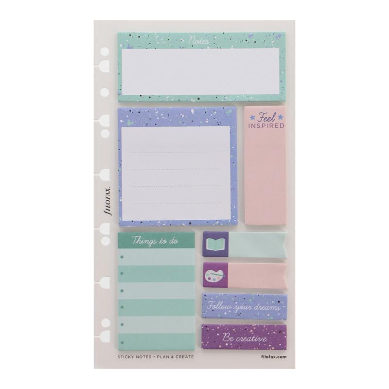 Colorful Filofax Expressions Sticky Notes Pack featuring lined, blank, vertical pads, to-do list, and page marker tabs.