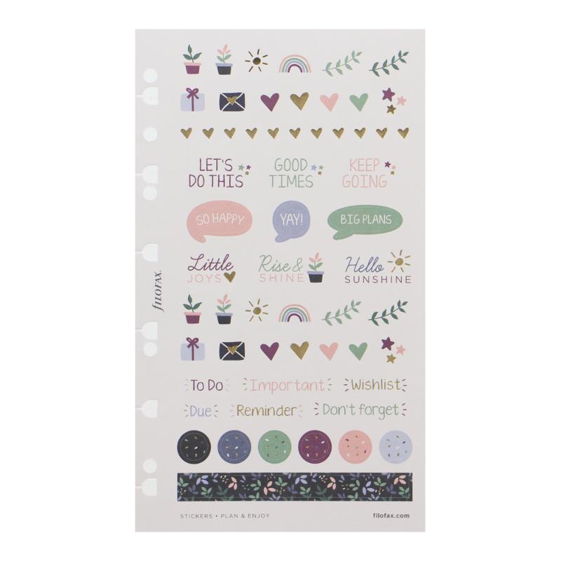 Colorful Filofax Garden Stickers Pack featuring 284 repositionable stickers for A5 planners, with vibrant floral designs and gold accents.