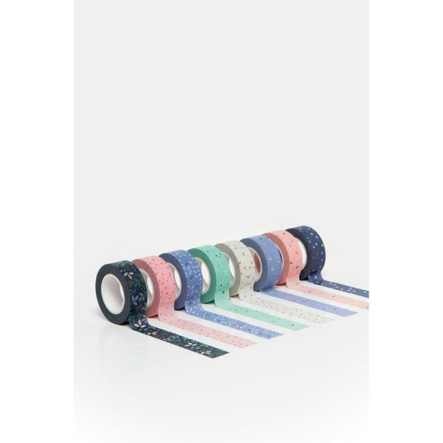 A set of three vibrant washi tapes in blue, green, and pink for decorating planners, journals, and crafts.