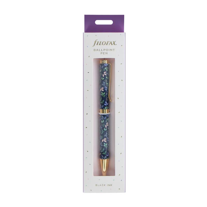 Navy Filofax Garden Ballpoint Pen with floral design, 1 mm refillable tip, and smooth twist mechanism for elegant writing.